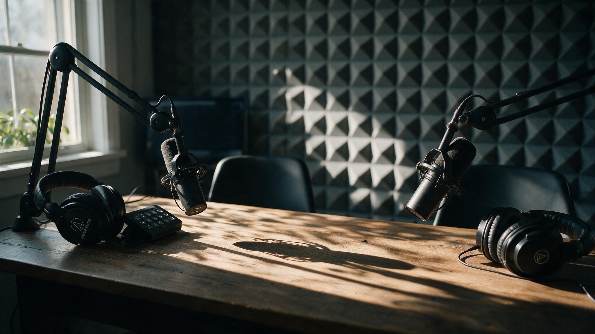Two broadcast microphones over a studio table in window light